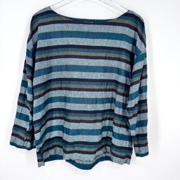 Eileen Fisher Linen Top Medium Striped Blue Gray Green - Picture 2 of 6